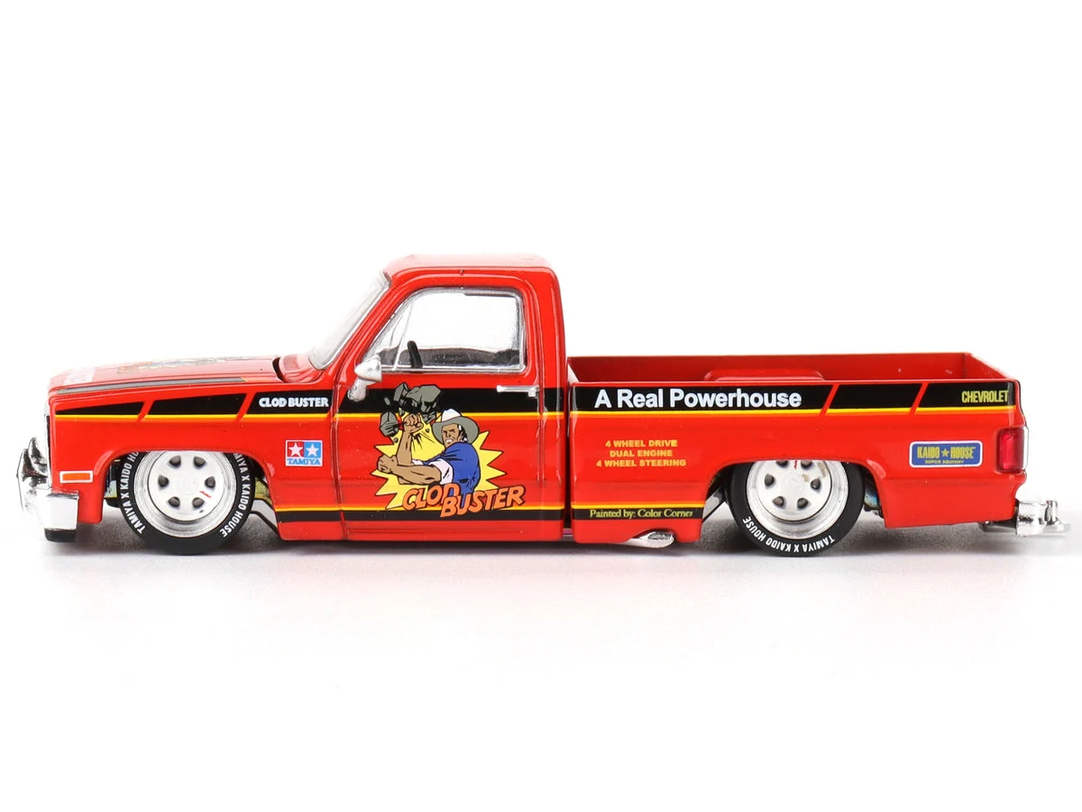 Chevrolet Silverado Pickup Truck "Clod Buster" Orange with Black Stripes (Designed by Jun Imai) "Tamiya x Kaido House" Special 1/64 Diecast Model Car by Mini GT