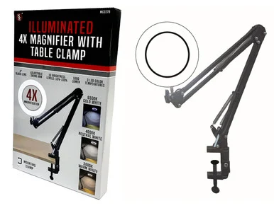 4" Dia 4X/1800 Lumen Illuminated Black Swing Arm Magnifying Lamp with Clamp - Sona Enterprises