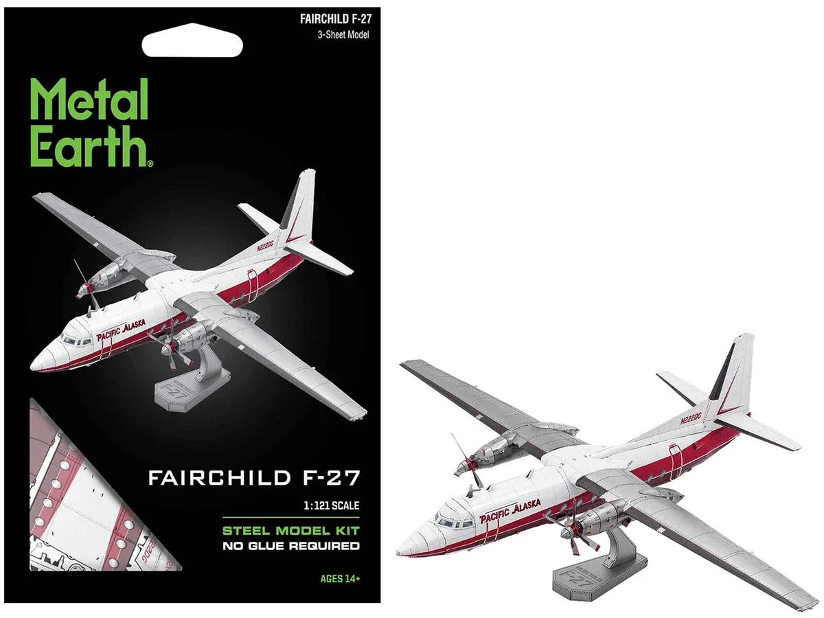 ME1049_1200x900.webp Model Kit Fairchild F-27 Commercial Aircraft "Pacific Alaska" White with Red Stripes (Moderate Difficulty) Steel Model by Metal Earth