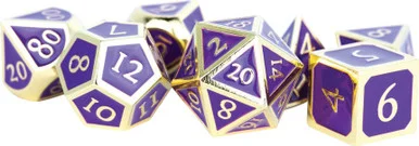 Metallic Dice Games 017 16mm Metal Poly Gold w/ Purple Enamel Dice Set