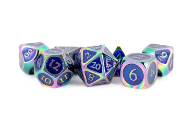 Metallic Dice Games 021 16mm Metal Poly Rainbow w/ Blue Enamel Dice Set
