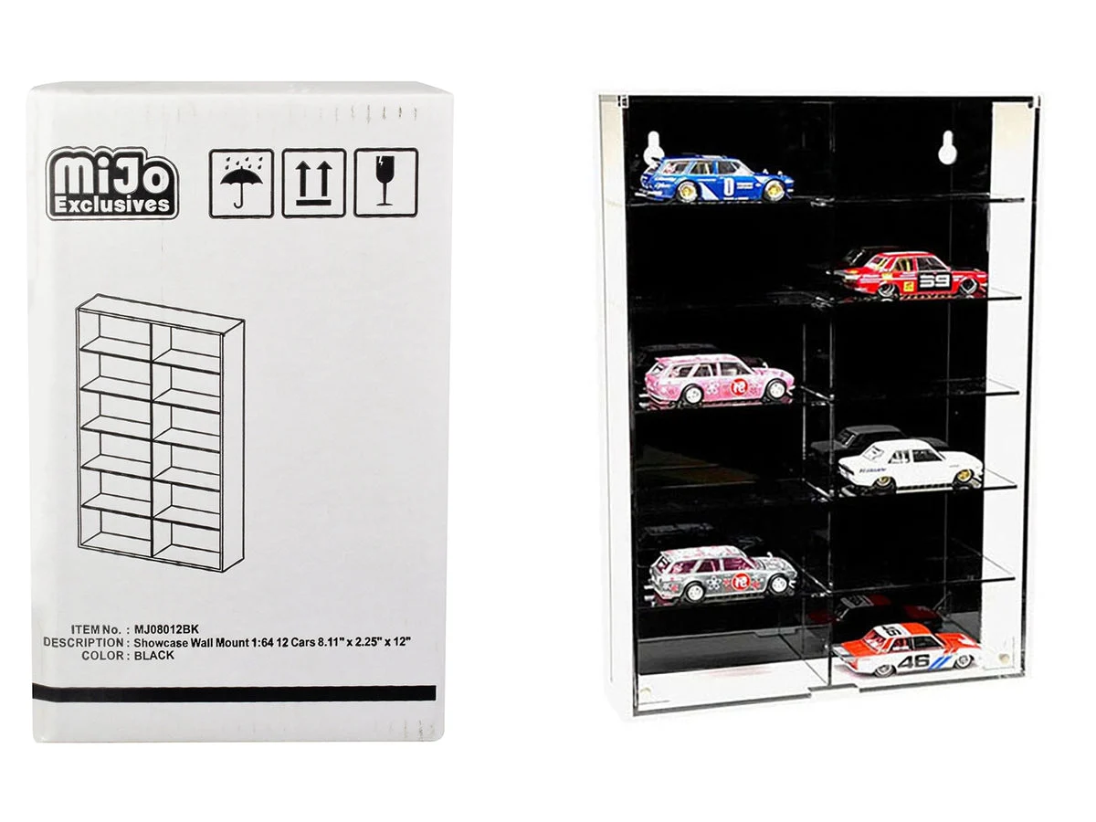 Showcase 12 Car Display Case Wall Mount with Black Back Panel "Mijo Exclusives" for 1/64 Scale Models - Unbranded