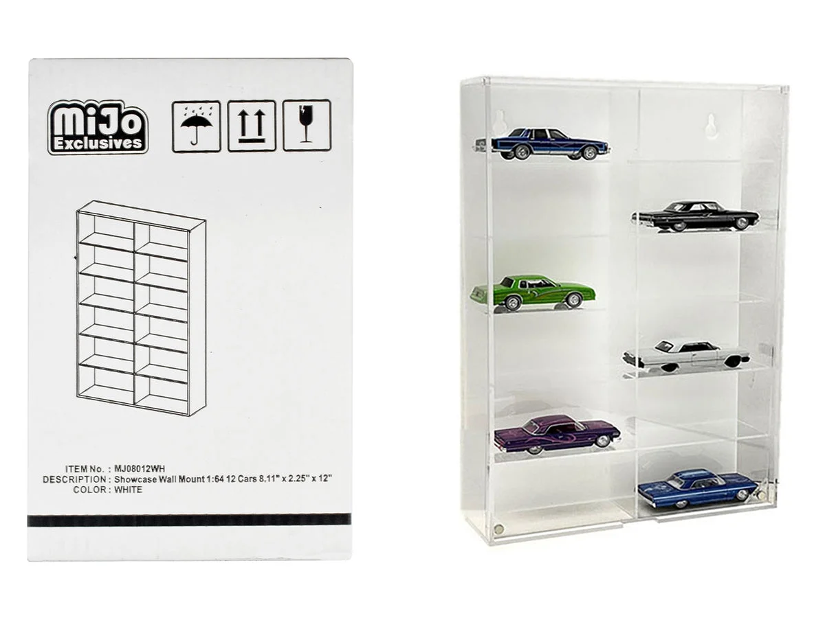 Showcase 12 Car Display Case Wall Mount with White Back Panel "Mijo Exclusives" for 1/64 Scale Models - Unbranded