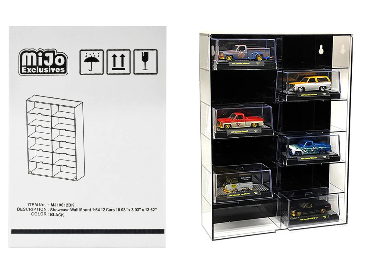 Showcase 12 Car Display Case Wall Mount with Black Back Panel and Extra Space "Mijo Exclusives" for 1/64 Scale Models - Unbranded