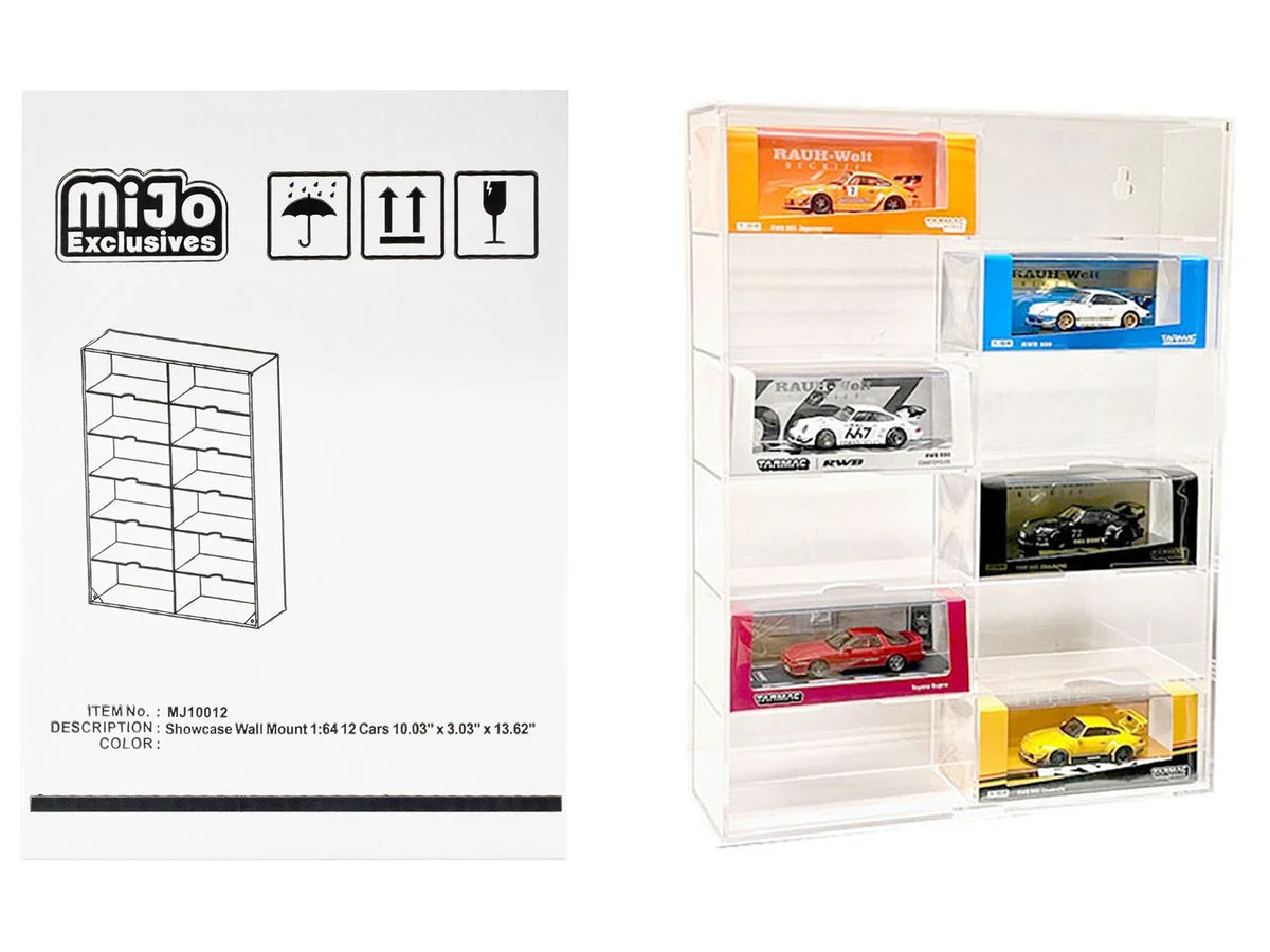 Showcase 12 Car Display Case Wall Mount with Clear Back Panel and Extra Space "Mijo Exclusives" for 1/64 Scale Models - Unbranded