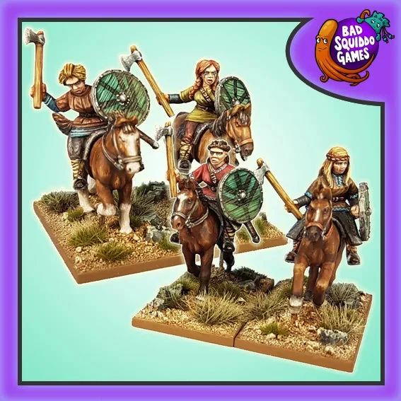Mounted Shieldmaiden Warriors 28 mm Scale Model Metal Figures - Bad Squiddo Games