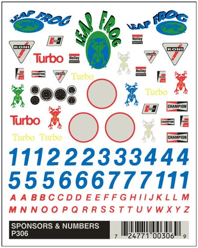 Pine Car P306 Dry Transfer Decals, Sponsors & Numbers - Pinecar
