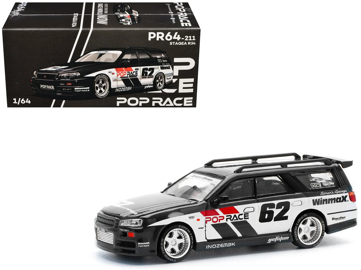 GT-R Stagea RHD (Right Hand Drive) #62 "Simon's Garage" Black with White Sides 1/64 Diecast Model Car by Pop Race
