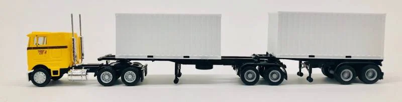 Peterbilt COE (Yellow) B-Train trailers and 2 - 20 ft containers (White) 1:87 (HO Scale) Model By Promotex