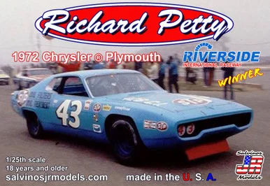 Salvinos JR Models RPCP1972R Richard Petty 1972 #43 Chrysler Plymouth Riverside Winner 1/25 Scale Model Kit