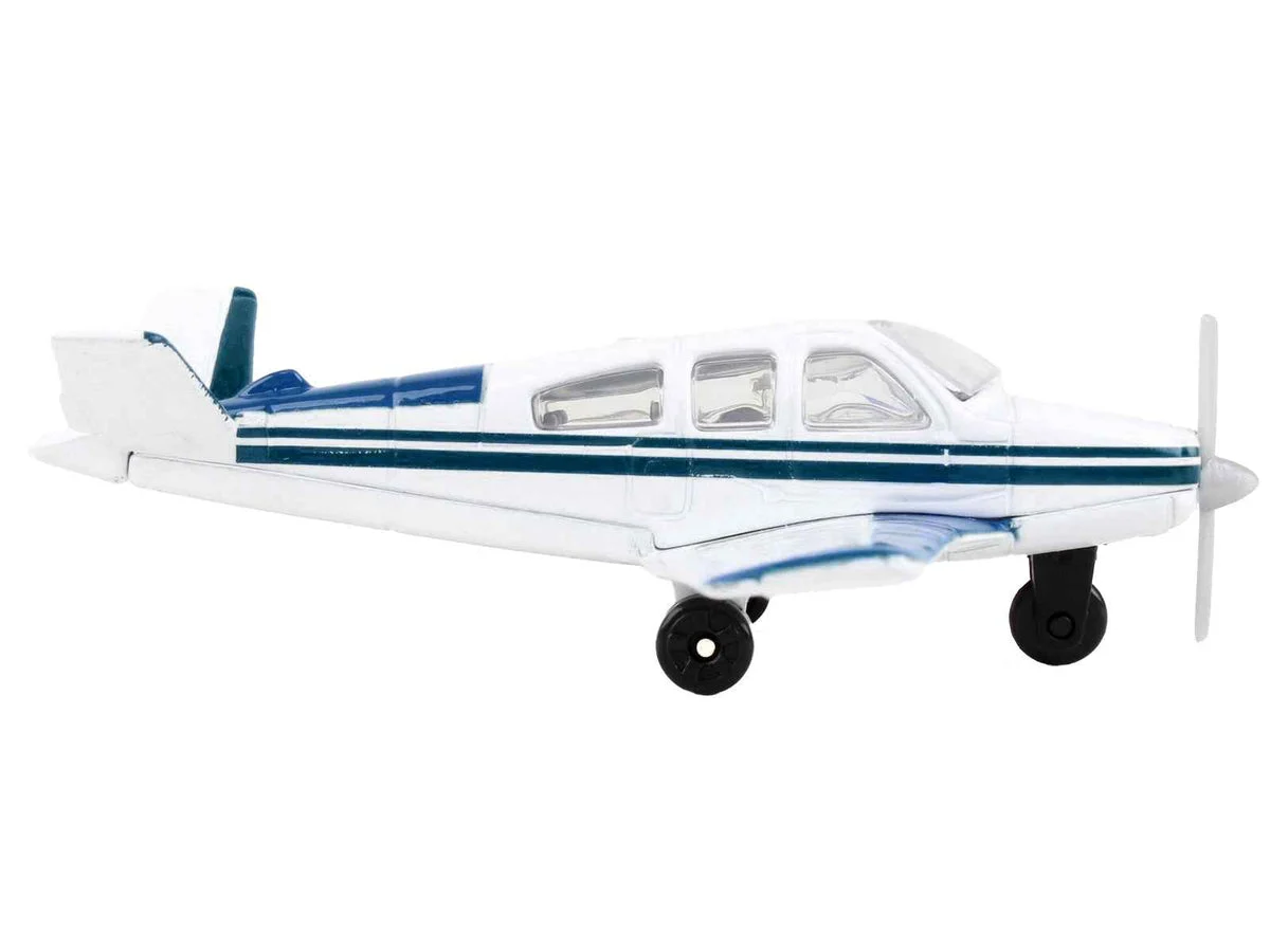 Beechcraft Bonanza Aircraft White with Blue Stripes "N42997" with Runway Section Diecast Model Airplane by Runway24
