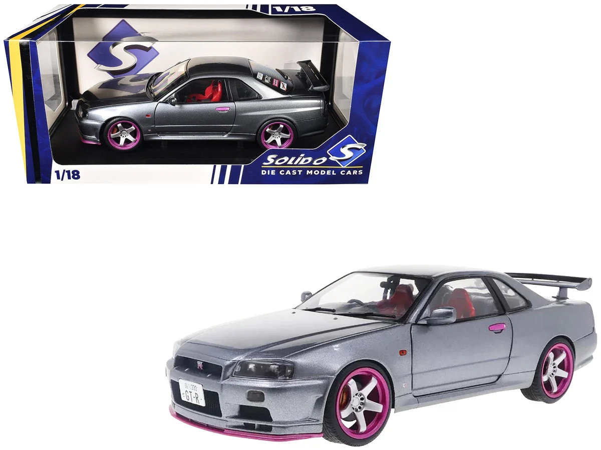 1999 Nissan Skyline GT-R (R34) RHD (Right Hand Drive) Silver Metallic with Purple Wheels 1/18 Diecast Model Car by Solido