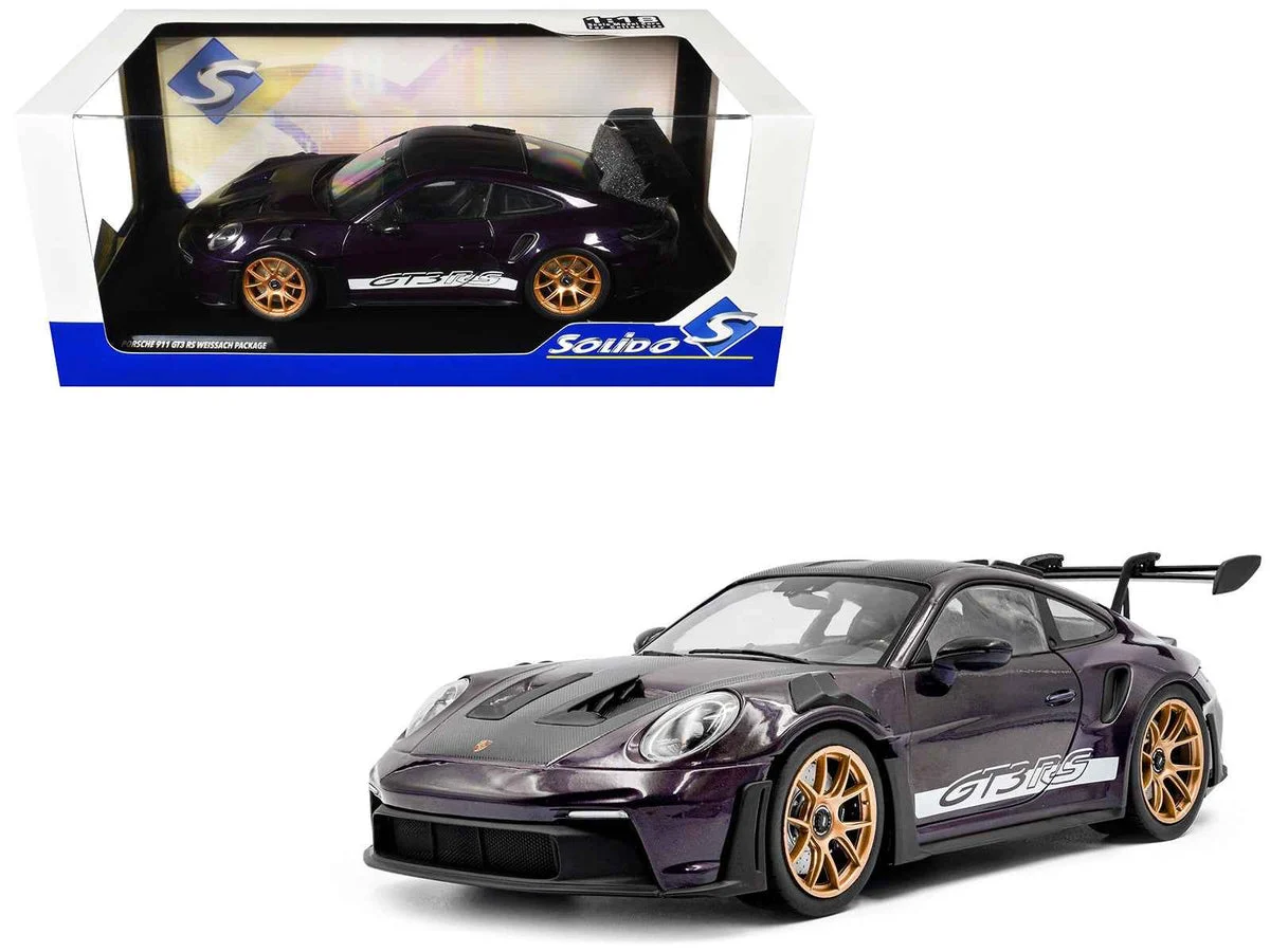 2024 Porsche 911 GT3 RS Weissach Package Viola Purple Metallic with Carbon Hood Stripes and Top 1/18 Diecast Model Car by Solido