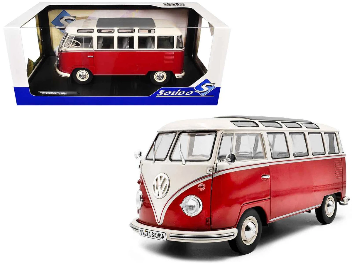 1962 Volkswagen T1 Samba Bus Red and White 1/18 Diecast Model Car by Solido