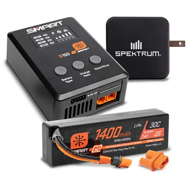 Spektrum SPMXPSS215 Smart Powerstage Bundle, 1400mAh 2S 30C LiPo Battery (IC2) / S100 Charger / 65W Power Block / Adapter