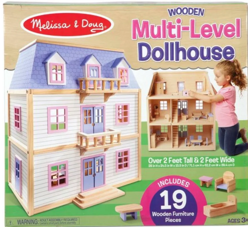 Wooden Multi-Level Dollhouse and 19 Furniture Pcs