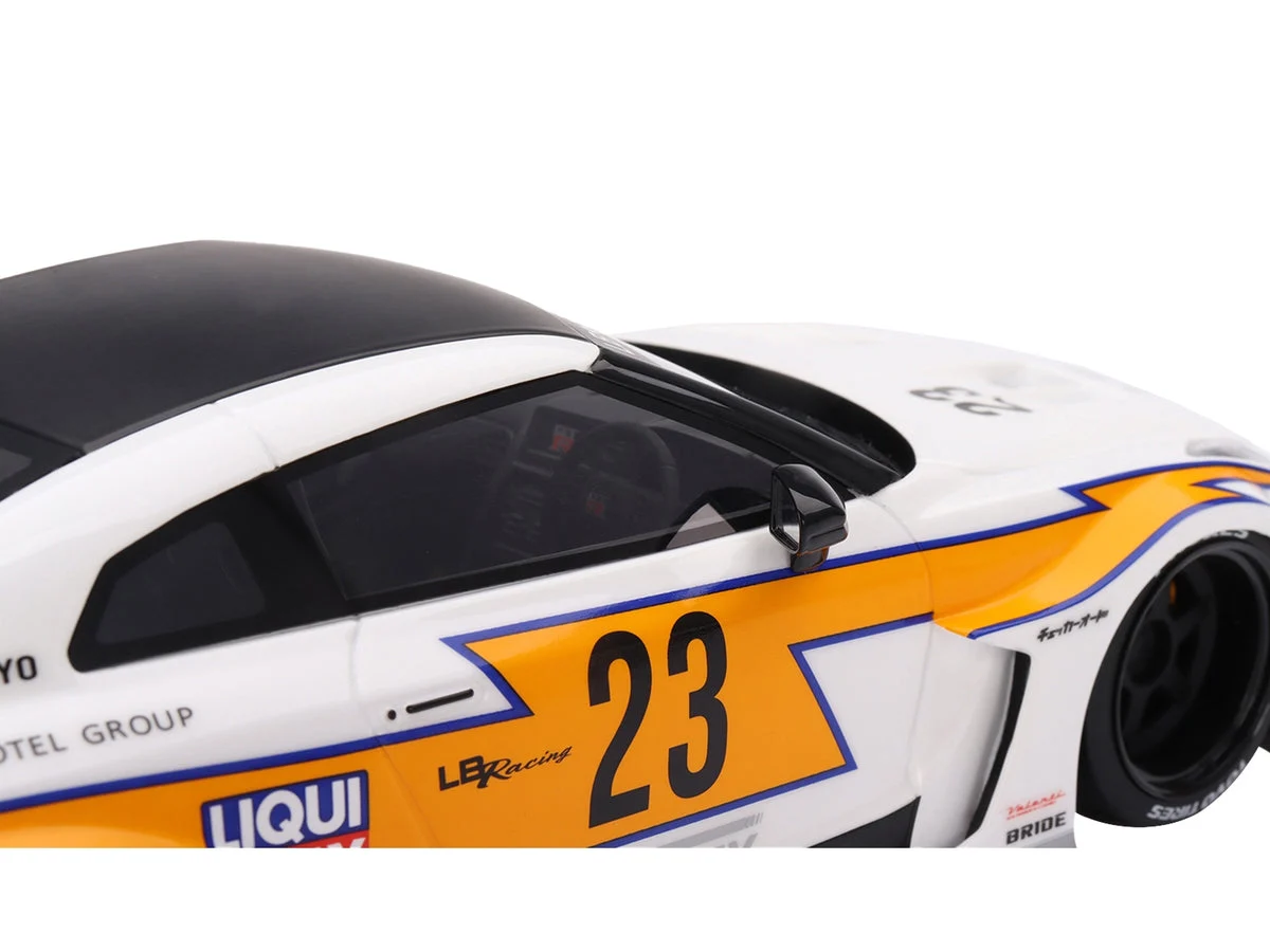 Nissan LB-Silhouette WORKS GT 35GT-RR Ver.1 RHD (Right Hand Drive) #23 White with Yellow Stripes "LB Racing" 1/18 Model Car by Top Speed