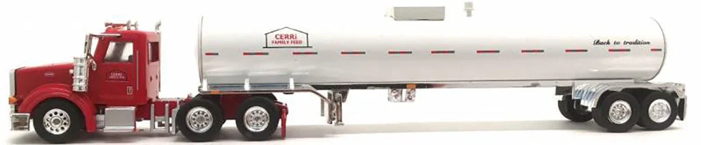 Peterbilt 367 (Red) with Food Grade Tanker – Cerri Family Feed, Scale 1:87 (HO Scale) Model by Trucks N Stuff