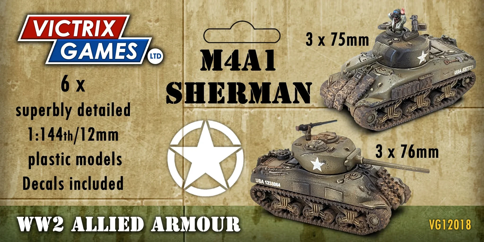 Victrix Limited M4A1 Sherman 1:144 (12 mm) Scale Model Plastic Kit (Set of 6)