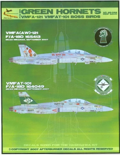 AFD48022 1:48 Afterburner Decals F-18D Green Hornets VFMA-121 VMFAT-101 Boss Birds*