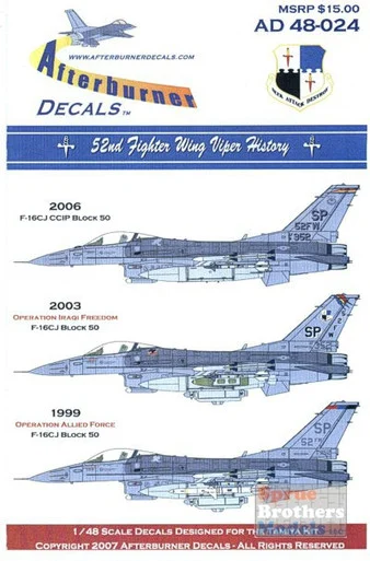 AFD48024 1:48 Afterburner Decals F-16CJ F-16DJ Block 50 Falcon "52nd Fighter Wing Viper History"*