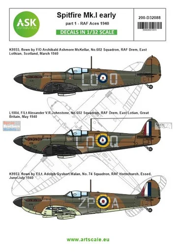 ASKD32088 1:32 ASK/Art Scale Decals - Spitfire Mk.I Early Part 1: RAF Aces 1940