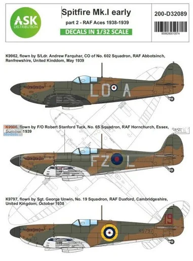 ASKD32089 1:32 ASK/Art Scale Decals - Spitfire Mk.I Early Part 2: RAF Aces 1938-1939