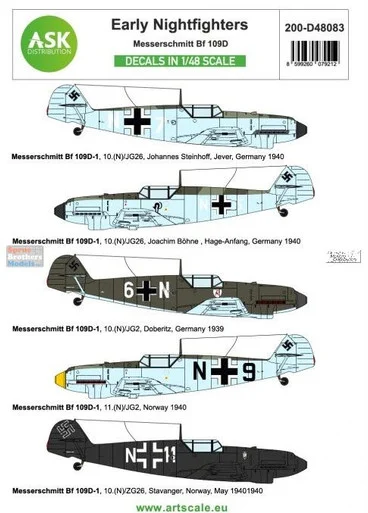 ASKD48083 1:48 ASK/Art Scale Decals - Bf109D 'Early Nightfighters'
