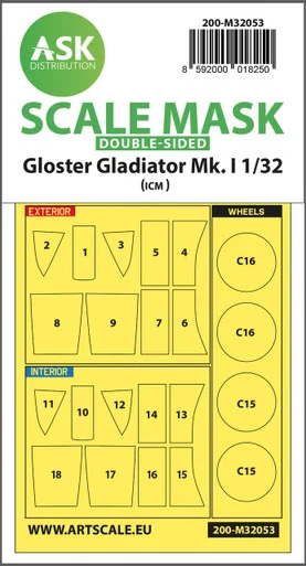 1/32 Art Scale Gloster Gladiator Mk.I double-sided painting mask for Revell / ICM