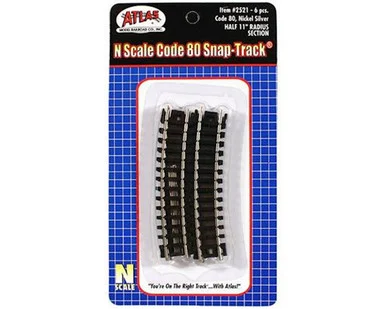 Atlas Model Railroad 2521 N Code 80 11" Radius 1/2 Curve Track Section 6 Pack