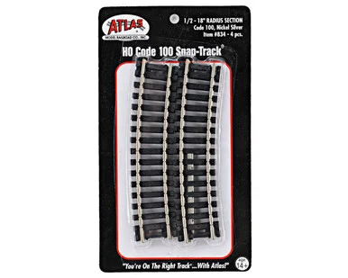 Atlas Model Railroad 834 HO Code 100 18" Radius 1/2 Curve Track Section 4 Pack