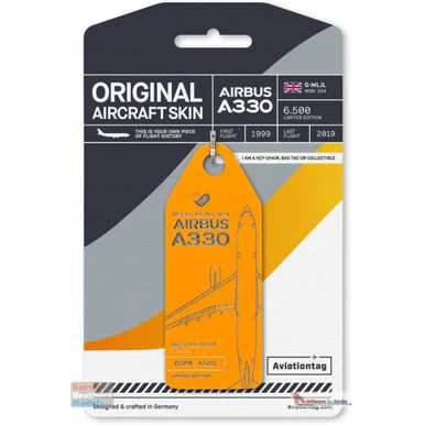 AVT085 AviationTag Airbus A330 (Thomas Cook) Reg #G-MLJL Yellow Original Aircraft Skin Keychain/Luggage Tag/Etc With Lost & Found Feature