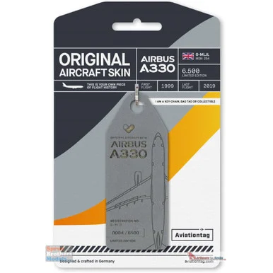 AVT086 AviationTag Airbus A330 (Thomas Cook) Reg #G-MLJL Gray Original Aircraft Skin Keychain/Luggage Tag/Etc With Lost & Found Feature