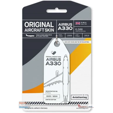AVT087 AviationTag Airbus A330 (Thomas Cook) Reg #G-MLJL White Original Aircraft Skin Keychain/Luggage Tag/Etc With Lost & Found Feature