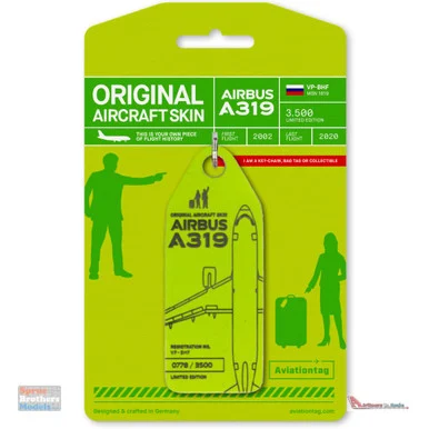 AVT099 AviationTag Airbus A319-100 (S7) Reg #VP-BHF Lime Green Original Aircraft Skin Keychain/Luggage Tag/Etc With Lost & Found Feature