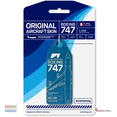 AVT108 AviationTag Boeing 747-422 (Corsair) Reg #F-GTUI Medium Blue Original Aircraft Skin Keychain/Luggage Tag/Etc With Lost & Found Feature
