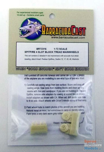 BARBR72316 1:72 BarracudaCast Spitfire Four Slot Block Tread Mainwheels - BarracudaCals