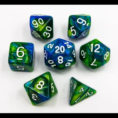 Critical Hit Collectibles Blue/Green Set of 7 Fusion Polyhedral Dice w/ White Numbers for D20 Based RPG's - Critical Hits