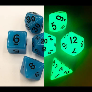 Critical Hit Collectibles Blue Set of 7 Glow in Dark Polyhedral Dice w/ Black Numbers for D20 Based RPG's - Critical Hits