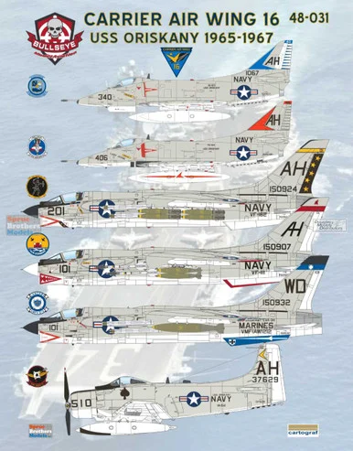 BMA48031 1:48 Bullseye Model Aviation Decals - Carrier Air Wing 16 USS Oriskany 1965-1967 (A-4E Skyhawk A-1H Skyraider F-8E Crusader)