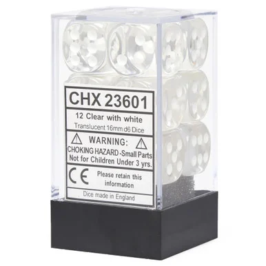 Chessex 23601 Translucent Clear/white 16mm D6 Dice Block (12 Dice)