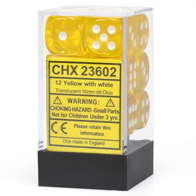 Chessex 23602 Translucent Yellow/White 16mm D6 Dice Block (12 Dice)