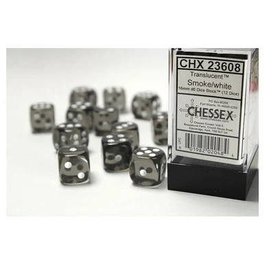 Chessex 23608 Translucent Smoke/White 16mm D6 Dice Block (12 Dice)