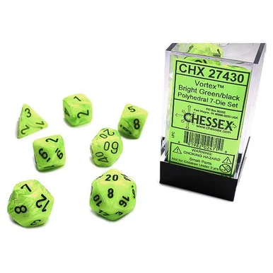 Chessex 27430 Vortex Bright Green/black Polyhedral 7-Dice Set
