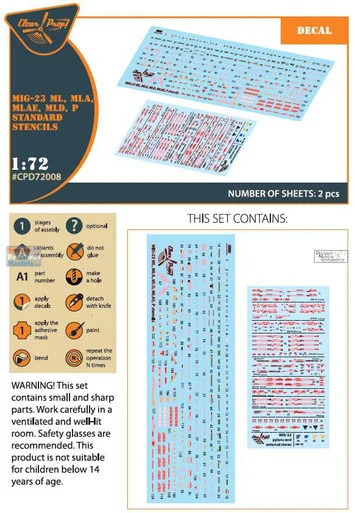 CLPCPD72008D 1:72 Clear Prop Models Mig-23ML/MLA/MLAE/MLD/P Flogger Standard Stencils