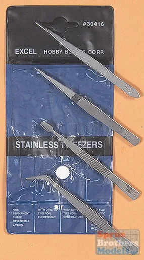 EXL30416 Excel 4 Piece Stainless Steel Tweezers Set #30416
