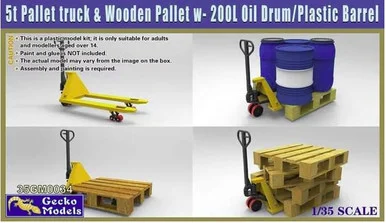 1/35 Gecko Models 5t Pallet truck & Wooden Pallet w- 200L Oil Drum-Plastic Barrel Set