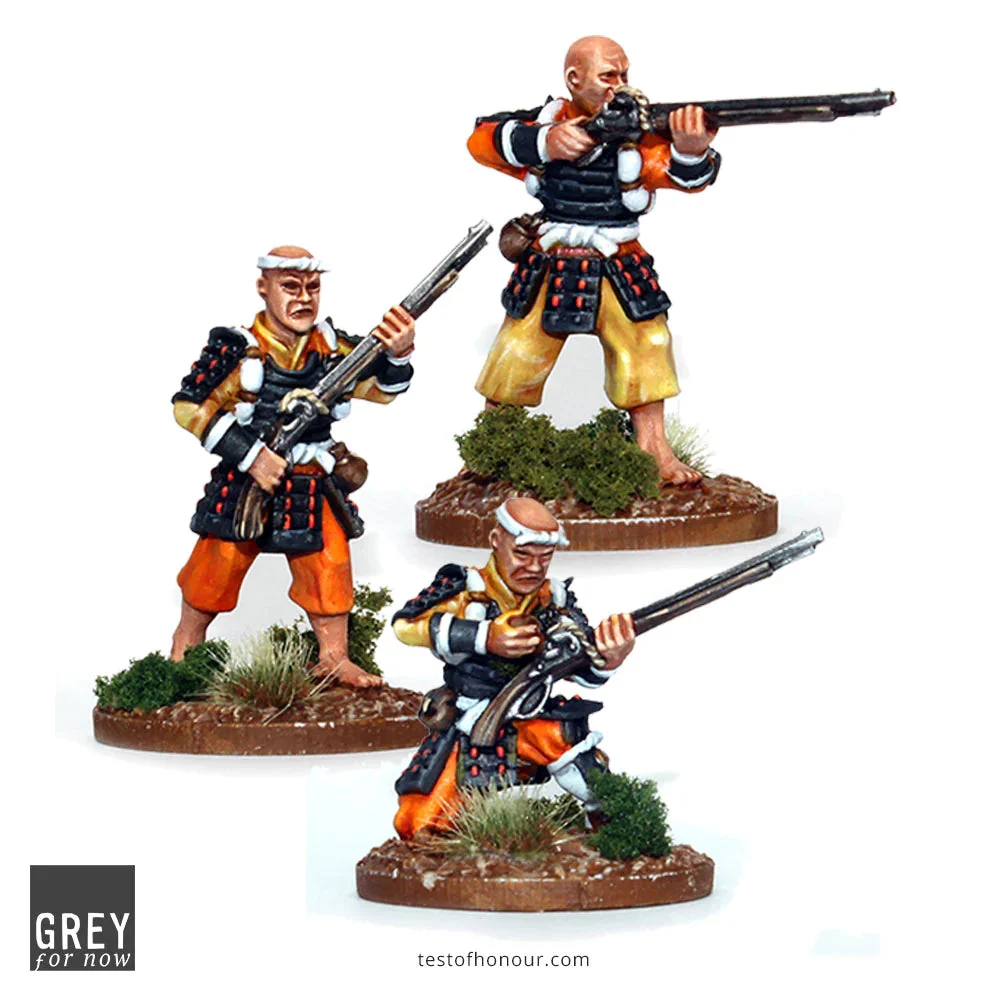 Test of Honour Sohei Musketmen, 28 mm Scale Metal Figures - Grey For Now Games