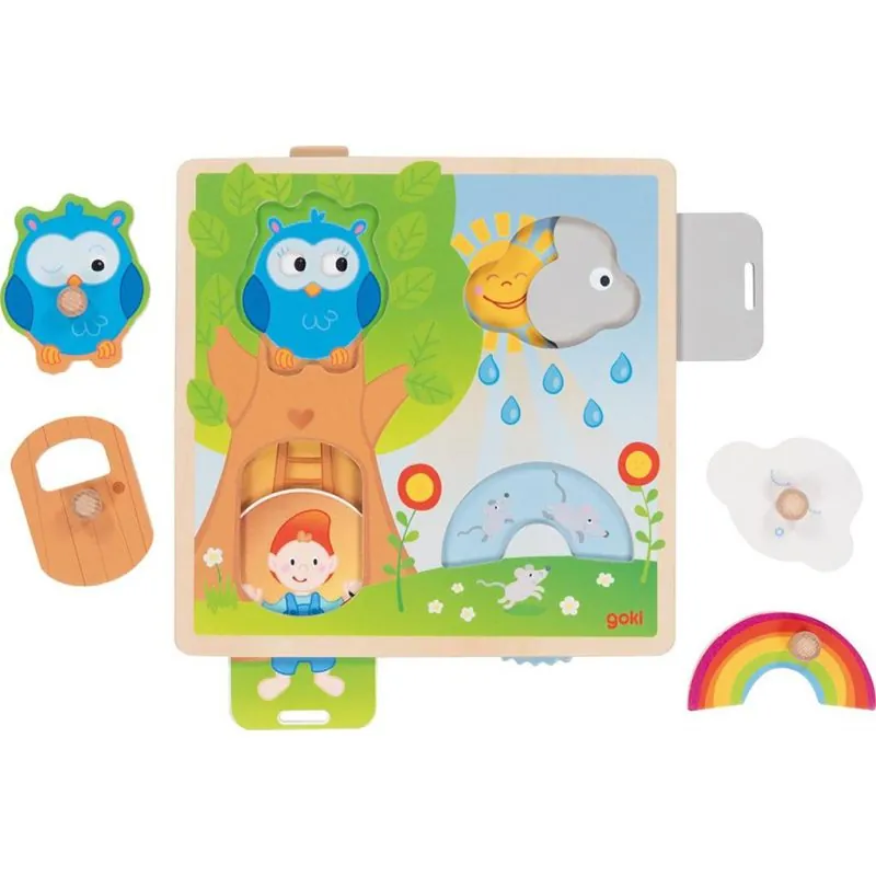 Puzzle: OWL in the TREE 21.8x22.5x2.8cm, 4 pieces, with hidden images, wood, 1+ - GOKI