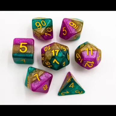 Critical Hit Collectibles Green/Pink/Yellow Set of 7 Multi-Layer Polyhedral Dice w/ Gold Numbers for D20 Based RPG's